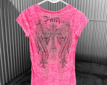00s 2000s Scene Emo Bling Faith Wings Burnout Tee Sz S
