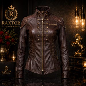 May include: A dark brown leather jacket featuring a high collar with a buckle, a central gold-tone zipper, and decorative gold-tone buttons arranged in two vertical rows. The sides include lace-up detailing, and the word RAXTOR is printed in gold.