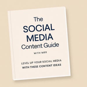 May include: A book titled "The Social Media Content Guide" with the text "Level up your social media with these content ideas." Additional text reads "Get 90 days of scroll-stopping content ideas + 101 hooks & CTAs!" on a beige background.