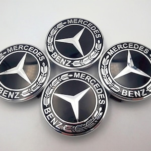 Set of 4 All Black Wreath 75mm Wheel Center Caps For Mercedes-Benz