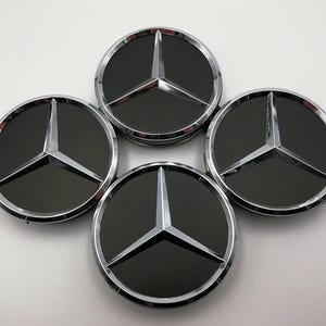 Set of 4 pcs Black with Chrome Logo 75mm Wheel Center Caps For Mercedes-Benz