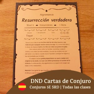 May include: A fantasy role-playing game card with text in Spanish. The card features a dark border and a parchment-like background. The text includes the title "Resurrección verdadera" and details about a spell. The bottom of the card reads "DND Cartas de Conjuro".