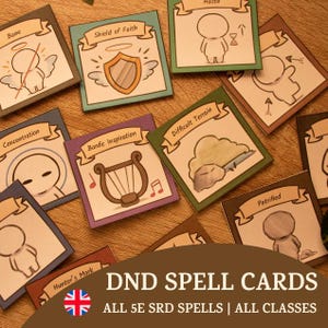 May include: A collection of DND spell cards with various illustrations and titles like "Bane", "Shield of Faith", and "Bardic Inspiration". The cards are arranged on a wooden surface, with the text "DND SPELL CARDS" and "ALL 5E SRD SPELLS | ALL CLASSES" at the bottom.
