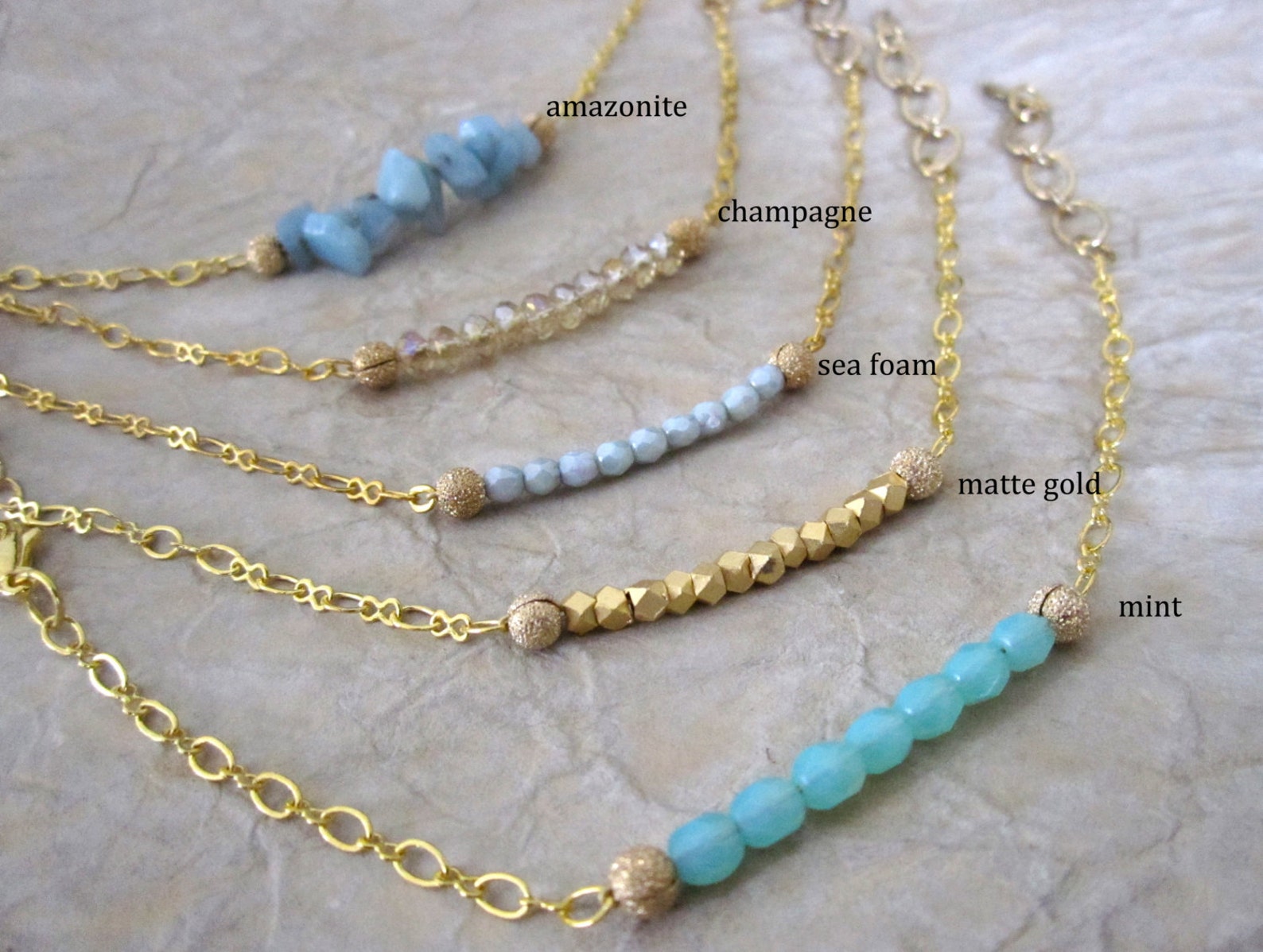 Gold Filled Colorful Stackable Wish Bracelet Amazonite, Champagne, Sea