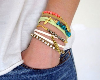 Gold Filled Colorful Stackable Wish Bracelet - Pyrite, Turquoise, or Coral