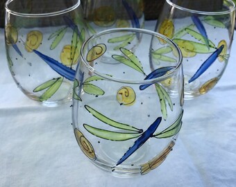 Handgeschilderde Dragonfly stemloze wijnglas