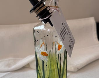 Hand Painted Daffodil Bottle and Spout for Olive Oil, Dressing or Dish Soap