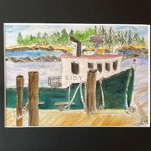 York Maine painting giclee print harbor lobster boat watercolor and pen and ink