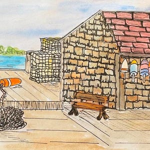 York Maine harbor painting giclee print off the boat lobsters watercolor and pen and ink