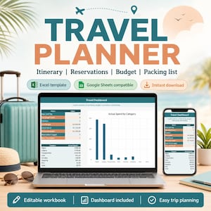 Reiseplaner Tabelle: Reiseplan, Reservierungen, Budget und Pack Dashboard für Urlaub und Trips in Excel mit Reiseplaner und Dashboard