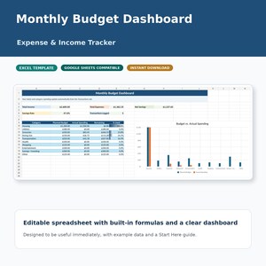 May include: A digital spreadsheet titled "Monthly Budget Dashboard" with expense and income tracking. The spreadsheet includes sections for total income, savings rate, and a breakdown of expenses. The image also includes a bar graph and text that says "Excel Template", "Google Sheets Compatible", and "Instant Download".