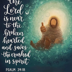 May include: An illustrated artwork with the text "the Lord is near to the broken hearted and saves the crushed in spirit" and "Psalm 34:18". The image features a figure giving a thumbs up.