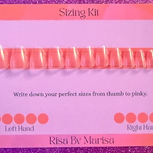 May include: A nail sizing kit on a pink and purple background. The kit includes a row of clear, almond-shaped nail tips in various sizes. Text on the card reads "Sizing Kit" and "Write down your perfect sizes from thumb to pinky."