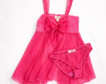 Victoria's Secret Babydoll Set Pink Medium Gold Label Lace Bow Vintage Lingerie