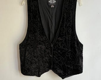 Chaleco vintage de terciopelo negro de D.D. Designs para mujer, talla M, con cuentas, estilo gótico/western/boho de los 90.