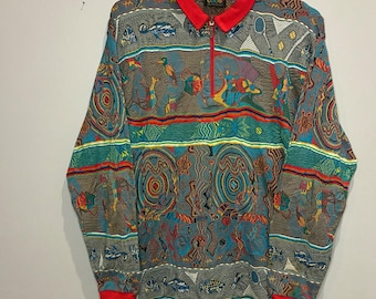 90er COOGI Australia 3D Knit Half Zip Pullover Langarm Polo One Size Retro