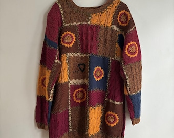 Vintage 90s Express Tricot Patchwork Sweater Women Small Sunflower Knit Boho
