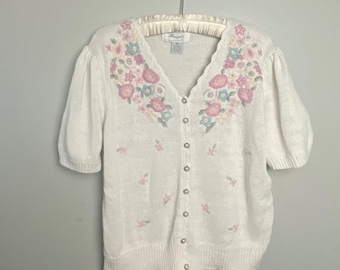 Cárdigan de punto floral bordado estilo años 90 para mujer, talla M, manga abullonada, estilo cottagecore.