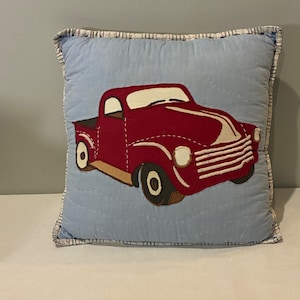 Pottery Barn Kids Red Truck Throw Pillow 12x12 Blue Quilted Farmhouse Americana
