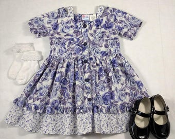 VTG Little Precious Blumen Kleid Mädchen 4T Lila Blau Rose Prairie Cottagecore