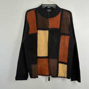Y2K DESIGNERS STUDIO Patchwork Suede Zip Up Sweater Jacket Womens XL Festival