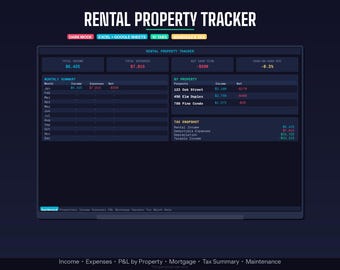 Strumento di monitoraggio degli immobili in affitto / Modalità scura per Excel e Fogli Google / Entrate, spese e profitti/perdite del proprietario