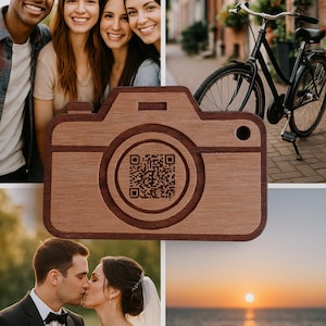 May include: A wooden camera-shaped item with a QR code in the center. The image is a collage with photos of people smiling, a bicycle, a couple kissing, and a sunset over the ocean. The camera shape is a light brown color.
