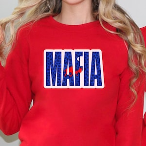 Buffalo Bills Mafia Women’s Sweatshirt| Bold Blue Leopard Print Letters | Bills Game Day Merch | Gildan 18000 Unisex Fit Sweatshirt