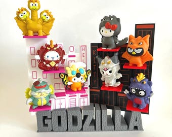 Hello Kitty Godzilla Happy Meal Display | 8 Figure City Shelf | Optional Godzilla Head Backdrop