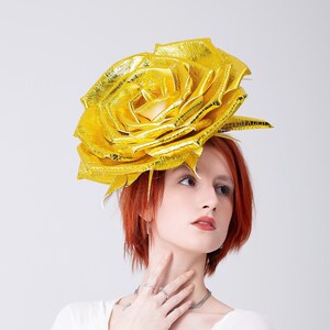 Large rose Headband golden Fascinator,  Hatinator flowers pin, shiny flowers clip, Wedding party Hat