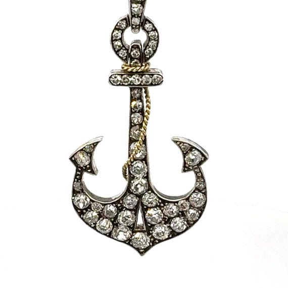 Antique Old Mine Cut Diamond Anchor Pendant Necklace