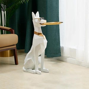 Elegant White Dog-Shaped Side Table – Modern Decorative Sculpture with Tray