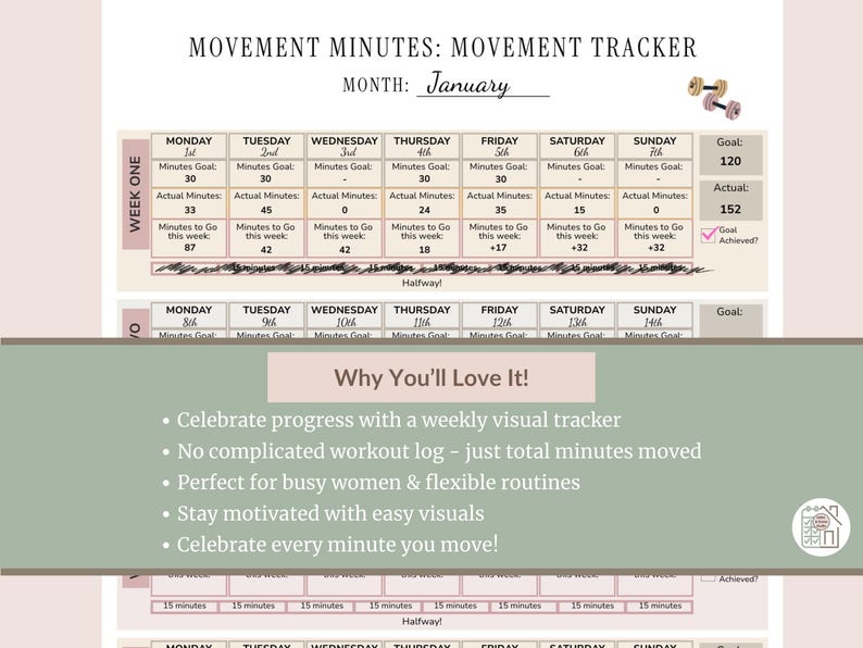 Printable Weekly Movement Minutes Tracker | 4-week Fitness Planner ...