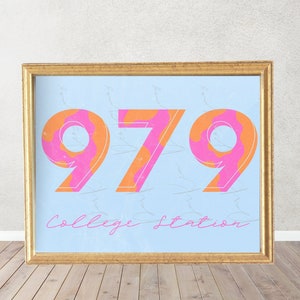 May include: A framed print with a light blue background and the numbers 979 in pink and orange with a white outline. The text "College Station" is written in pink below the numbers.