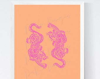 Lámina con diseño de tigres gemelos: Decoración de pared estilo preppy para dormitorios universitarios (Descarga digital)