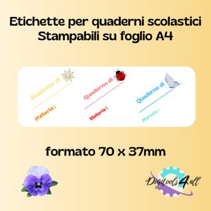Può includere: Un foglio di etichette stampabili per quaderni scolastici con un design rettangolare bianco. Ogni etichetta presenta un'illustrazione di sole, coccinella o farfalla. Le etichette misurano 70 mm x 37 mm.