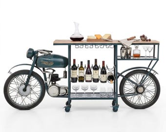 Motorcycle Bar Counter Table, Industrial Handmade Bike Wine Rack, Rustic Wood Countertop, Steampunk Liquor Cabinet