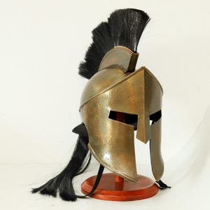 Spartan Warrior Helmet with Black Crest – Wearable Bronze Helmet with Display Stand – Greek Corinthian Armor – Medieval Cosplay Prop