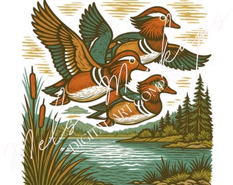 Wood Duck Flying Over Lake PNG | Rustic Sublimation Clipart (Digital Download)