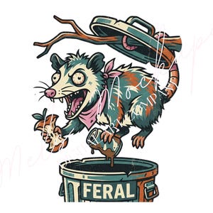May include: A cartoon illustration of a possum with an open mouth, wearing a pink bandana, and holding a half-eaten apple. The possum is standing over a trash can with the word "FERAL" on it. A trash can lid and a tree branch are above the possum.