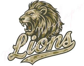 Mascotte Camo Lions PNG / Spirito scolastico, giorno della partita (download digitale)