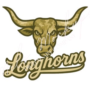 May include: An illustration in gold and olive green of a bull's head with large horns and the word "Longhorns" in a script font. The bull has an angry expression. The image is on a white background.
