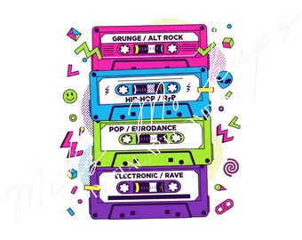 Op de afbeelding: Een illustratie van vier gekleurde cassettebandjes met de genres Grunge/Alt Rock, Hip-Hop/R&B, Pop/Eurodance en Electronic/Rave. Het ontwerp bevat geometrische vormen, een smiley en een alienhoofd.