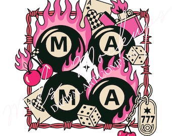 Mamá occidental PNG, bola 8 retro, dados de cereza (descarga digital)