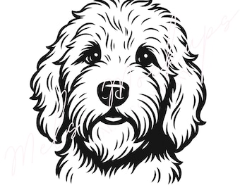 May include: A black and white line art illustration of a dog's face. The dog has fluffy fur, large eyes, and a detailed nose. The image is a close-up of the dog's head, with a focus on its facial features.