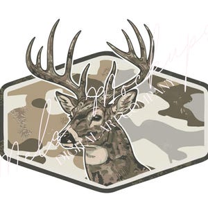 May include: A detailed illustration of a buck deer with large antlers, set against a camouflage background within a hexagonal frame. The deer is rendered in shades of brown and gray, with the text "Mellow Digital Art Company" in the background.