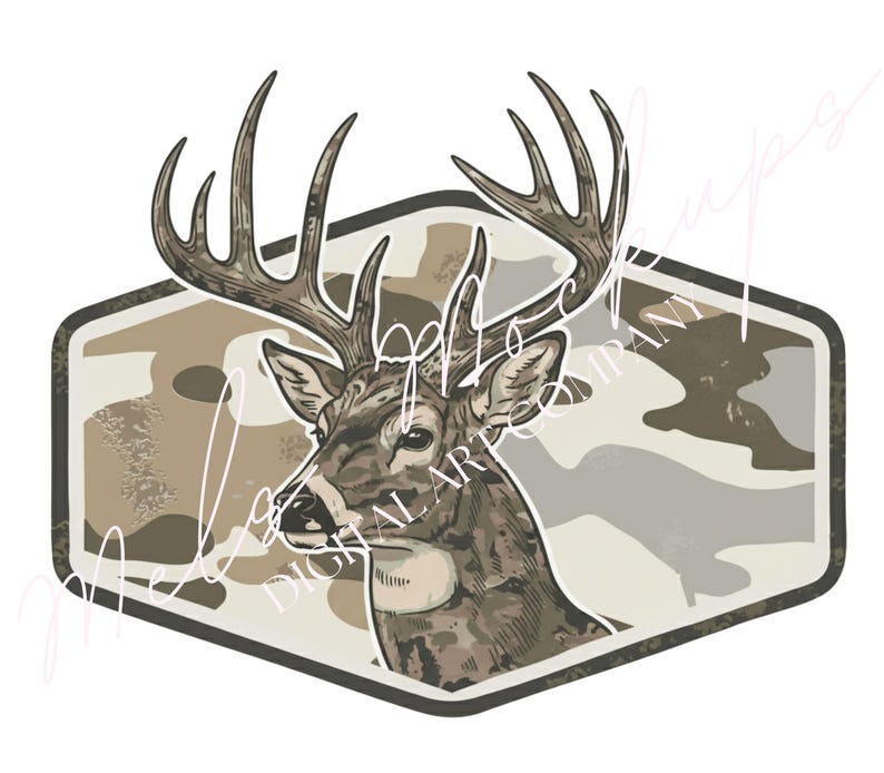 May include: A detailed illustration of a buck deer with large antlers, set against a camouflage background within a hexagonal frame. The deer is rendered in shades of brown and gray, with the text "Mellow Digital Art Company" in the background.