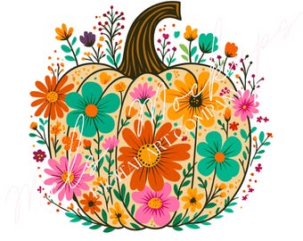 Floral Pumpkin PNG, Boho Fall Design (Digital Download)