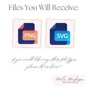 May include: Image with the text "Files You Will Receive:" and two file icons labeled "PNG" and "SVG". Below, the text reads "if you would like any other file types, please let us know!" The image includes the logo "Mel's Mockups DIGITAL ART COMPANY."