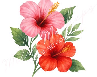 Watercolor Hibiscus Clipart, Hand-Painted Floral PNG (Digital Download)